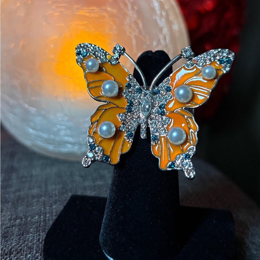 Orange Butterfly ring with Pearls